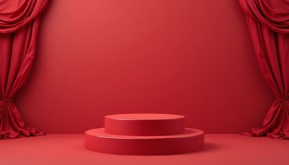 Bold red stage with draped curtains, theatrical backdrop and spotlight mood.