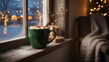 Steaming green mug of hot chocolate with marshmallows and cinnamon sticks sits on a snowy wooden windowsill, creating a cozy winter scene with blurred festive lights outside and a warm indoor ambiance