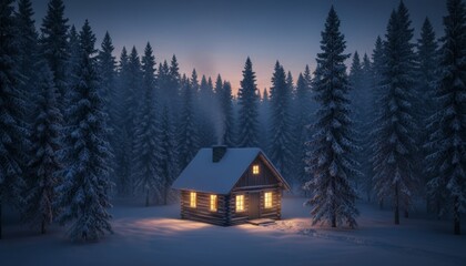 Cozy wooden log cabin covered in snow stands illuminated in a dense pine forest during a peaceful winter evening, with warm light glowing from its windows