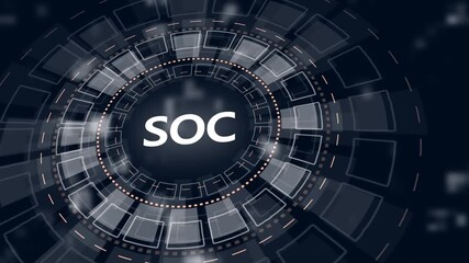 Futuristic white circular HUD with SOC text, representing security operations center on dark background - Powered by Adobe