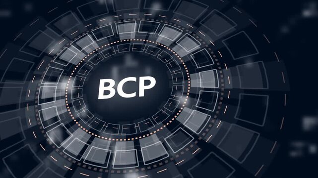 Futuristic Blue HUD Circle with BCP Text and Abstract Geometric Background Keywords: BCP, Business Continuity Planning, technology, futuristic, HUD, interface
