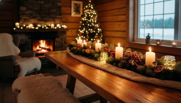 Rustic wooden dining table features a festive centerpiece with glowing candles, evergreen garland, and red berries, creating a warm and cozy holiday atmosphere inside a log cabin - Powered by Adobe