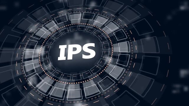 Futuristic white HUD interface with IPS text and glowing circular elements on a dark background technology