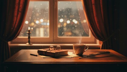 Warm steaming cup, old book, and quill pen rest on a wooden desk by a window with blurred city lights and falling snow outside, creating a cozy, nostalgic evening atmosphere