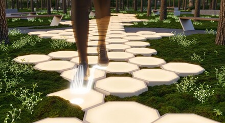 A serene, illuminated journey unfolds on a path of glowing hexagonal stones through a peaceful park, symbolizing personal progress and discovery