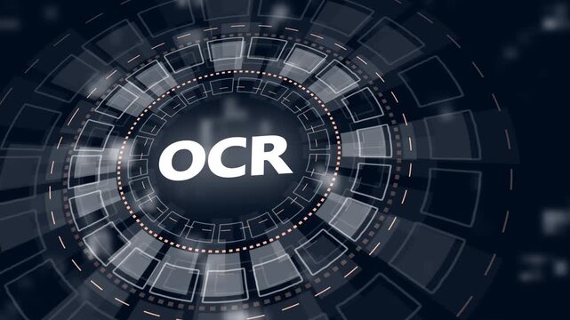 Futuristic HUD interface with OCR acronym in glowing white concentric circles and digital background