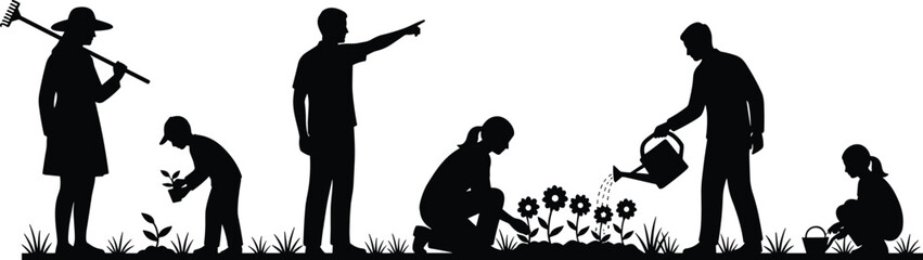 Black Silhouettes of People Doing Gardening Tasks on Grass, Ideal for Outdoor Work, Nature Activity, Vector Art, and Design Use