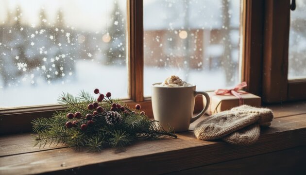 Steaming mug of coffee with whipped cream and cinnamon sits on a rustic wooden window sill, adorned with a festive pine branch, red berries, and cozy knitted mittens, overlooking a snowy winter landsc - Powered by Adobe