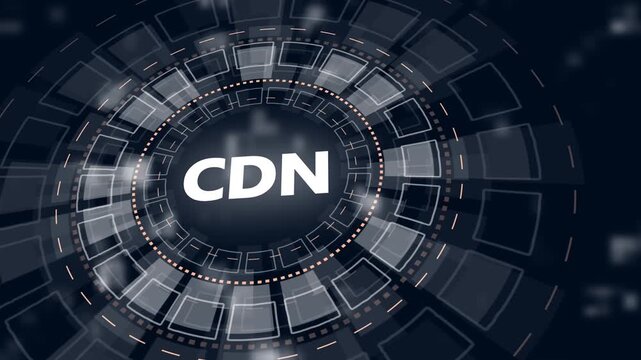 Futuristic HUD interface with CDN acronym in glowing white concentric circles and digital background