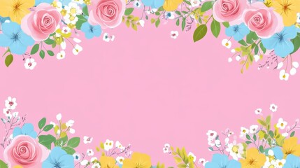 Vibrant pink floral background with elegant blooming flowers and lush green leaves for beautiful botanical design inspiration.