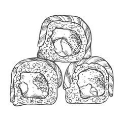 Philadelphia sushi roll in black and white sketch style vector illustration isolated on white background.