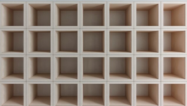 Modern minimalist empty wooden square shelves background with symmetrical geometric grid pattern for interior design and organization concepts