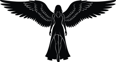 Silhouette of winged female figure in flowing dress, black vector illustration symbolizing angelic presence, fantasy, strength, and elegance