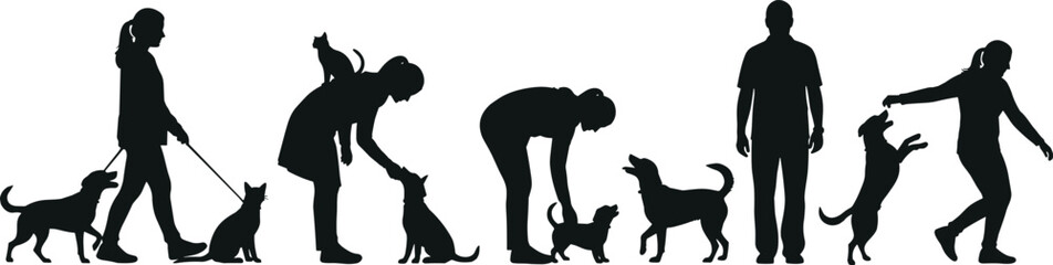 Silhouette sequence of people interacting with dogs and cats, black vector illustration showing pet companionship, bonding, play, and affection