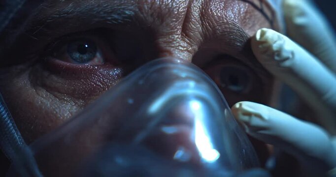 Intense close-up of a vulnerable patient's face wearing an oxygen mask in a dimly lit emergency room, reflecting profound fear and the critical struggle for survival amidst a serious medical crisis