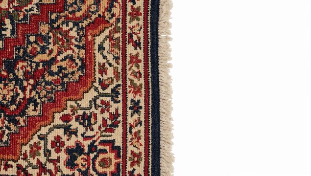 Traditional persian rug border detail with fringe on white background, classic red navy ivory floral pattern carpet closeup