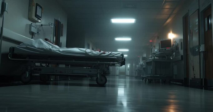 A somber and dimly lit hospital emergency room hallway stretches into the distance, with a gurney positioned ominously, conveying critical medical intensity