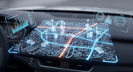 Futuristic holographic navigation system displaying a 3D city map and data visualizations inside a modern car interior.