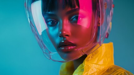 A stunning portrait featuring a confident individual wearing a futuristic helmet. Bright colors evoke a sense of power and creativity. Explore the intersection of reality and imagination. Gen AI