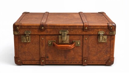 Vintage brown leather suitcase with brass hardware and sturdy handle isolated on white background, classic travel luggage for retro decor or adventure