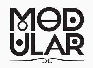 Bold black modular typography design featuring stylized letters and decorative swirl graphic element on a white background