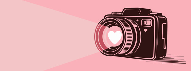 Camera lens projecting heart-shaped light on pink background  