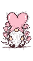 Garden gnome with pink heart-shaped hat surrounded by tulips  