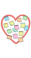 Colorful sticky notes arranged in heart shape with red outline  