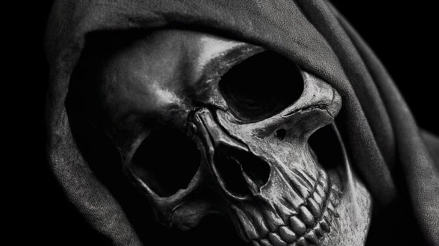 A haunting portrait of a hooded skeletal figure set against dramatic darkness capturing the emotional depth symbolism and imaginative power of gothic visual storytelling through a single str