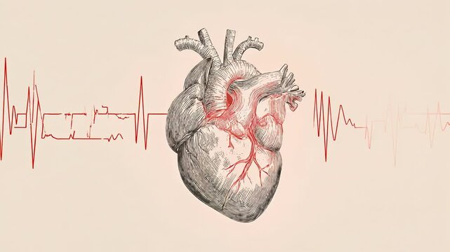 Animated vintage-style anatomical illustration of human heart with red-highlighted arteries, overlaid on a continuous red ECG electrocardiogram line on light beige background