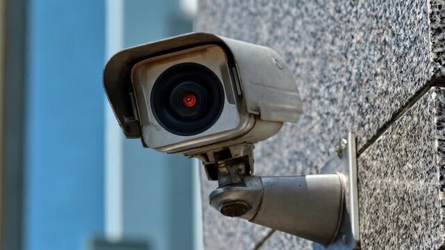 A close detailed view of a modern security camera mounted on an exterior wall representing safety vigilance contemporary technology and the essential presence of monitoring systems in today&rsquo;