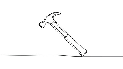  Minimalist continuous line art illustration of a hammer standing on a surface, representing construction tools, repair work, craftsmanship, handyman equipment, building industry and DIY concepts