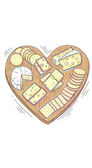 Heart-shaped bamboo cutting board with assorted cheese and crackers  