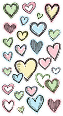 Assorted heart stickers in various sizes and colors on white background  