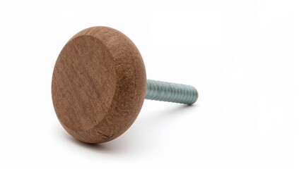 Minimalist wooden cabinet knob with metal screw isolated on white background for interior design and furniture hardware concepts