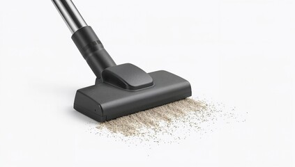 Vacuum cleaner nozzle cleaning dirt on white surface for modern hygiene and home maintenance concepts