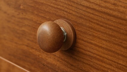 Closeup of wooden drawer knob on brown textured surface for home interior and furniture design concepts
