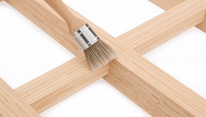 Closeup of paintbrush applying finish on light wooden framework in minimalist workshop setting