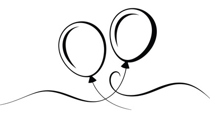  Minimalist black and white line art illustration of two floating balloons with elegant curved strings, symbolizing celebration, party decor, joy, festivity, birthday and cheerful occasions