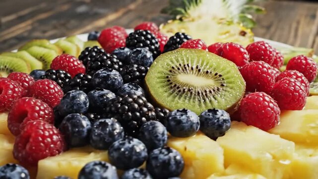 A vibrant and healthy fruit platter featuring an assortment of fresh berries, kiwi slices, and pineapple chunks, perfect for a refreshing snack or dessert.