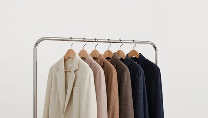 Minimalist wardrobe fashion neutral blazers and shirts on wooden hangers with modern clothing rack against white background