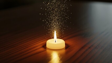Magical glowing candle flame with sparkling golden dust particles floating upwards on a dark wooden table, representing hope, inspiration, and celebration