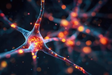 Microscopic view of a glowing neuron with branching dendrites and axons