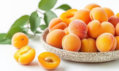 Pile of ripe apricots, some halved, in a bowl