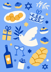Modern Hanukkah vector card print. Cute jewish holidays illustrations of sufganiot, donuts, latkes, challah, oil, vine, dove