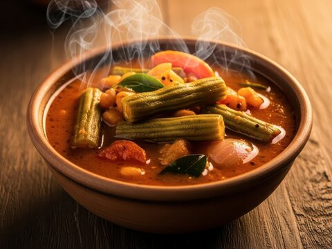 Steaming hot bowl of traditional south indian sambar vegetable stew with drumsticks, tomatoes, and spices served on a rustic wooden table