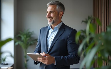 Happy middle aged business man ceo wearing suit standing in office using digital tablet. Smiling mature businessman professional executive manager looking away thinking working on tech device.