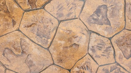 A wet, orange-brown stamped concrete footpath with an irregular stone pattern. An abstract background or backdrop for design projects or urban street environments.