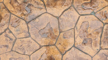 A wet, orange-brown stamped concrete footpath with an irregular stone pattern. An abstract background or backdrop for design projects or urban street environments.