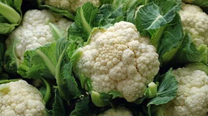 Fresh cauliflower heads with vibrant green leaves arranged closely together, showcasing their texture and natural beauty in a fullframe composition